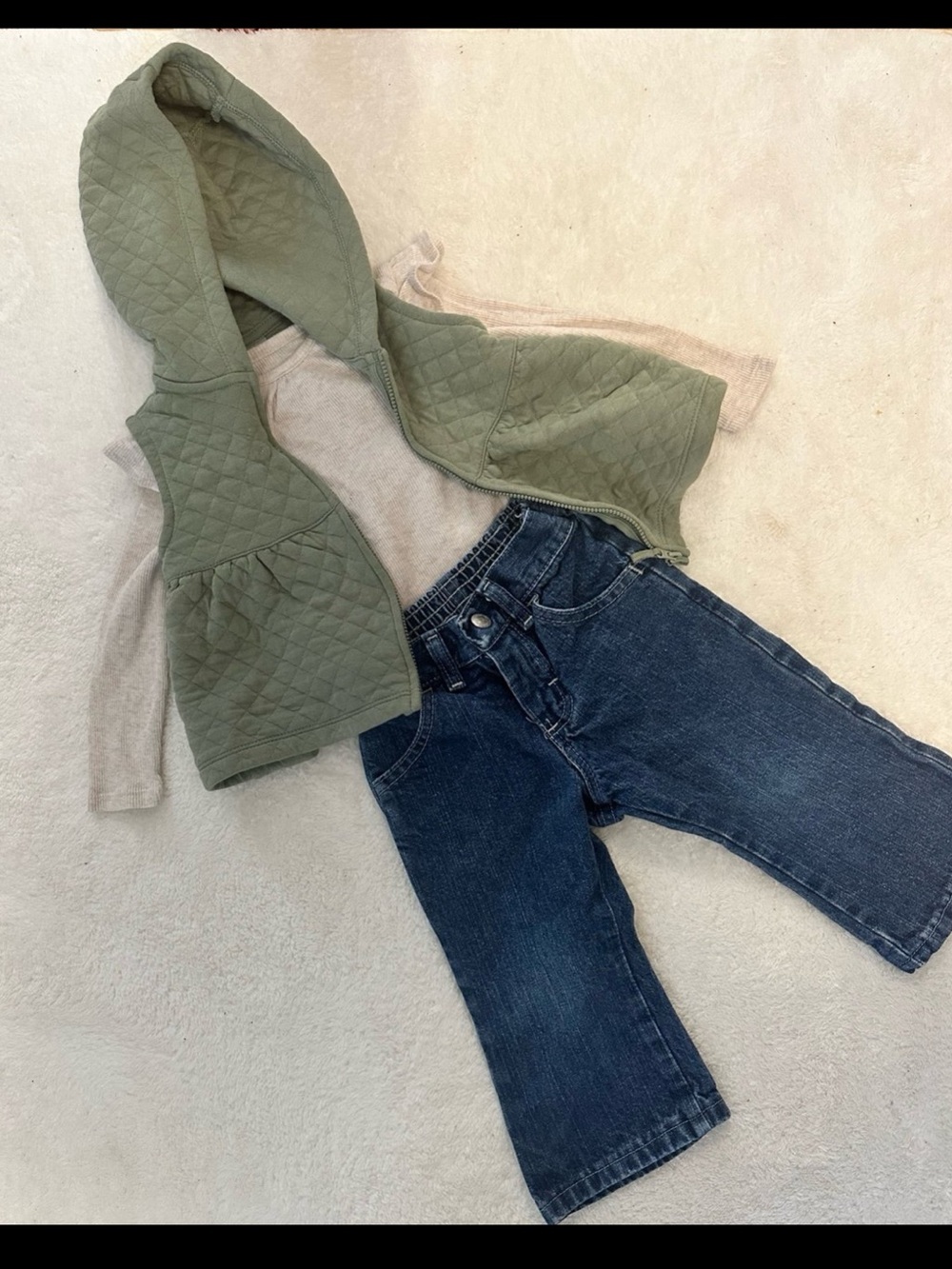 Carter's Olive Quilted Hooded Vest with Dark Blue Jeans Set